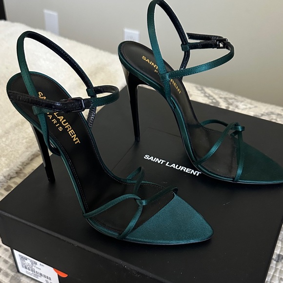 Saint Laurent Shoes - Crepe Satin Clara 110 Ankle Strap Sandals 36 Dorian Green